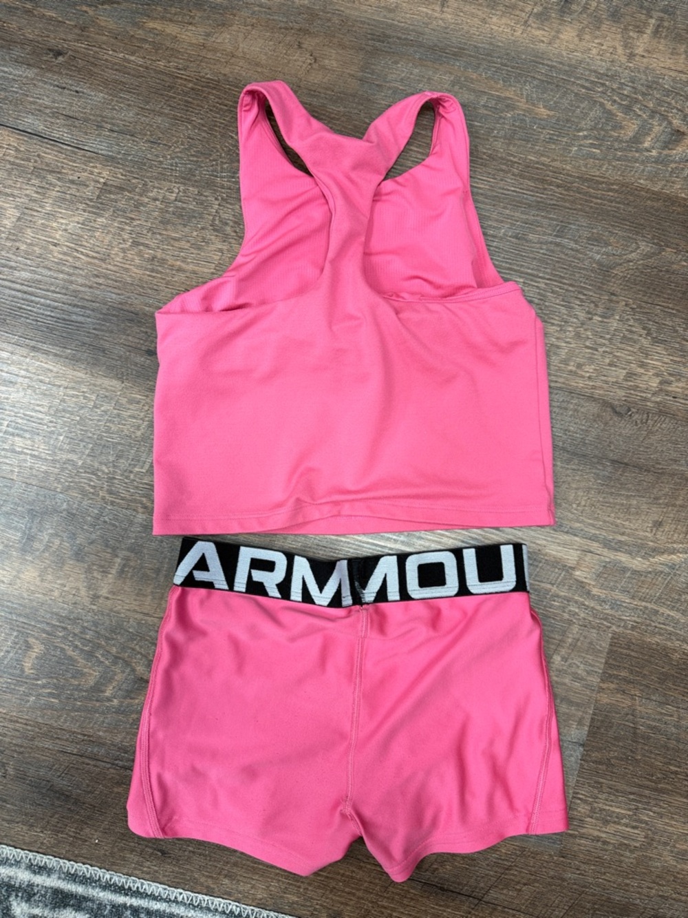 Under Armour Hot Pink Racerback Crop Top & Logo Waistband Shorts - Picture 2 of 4
